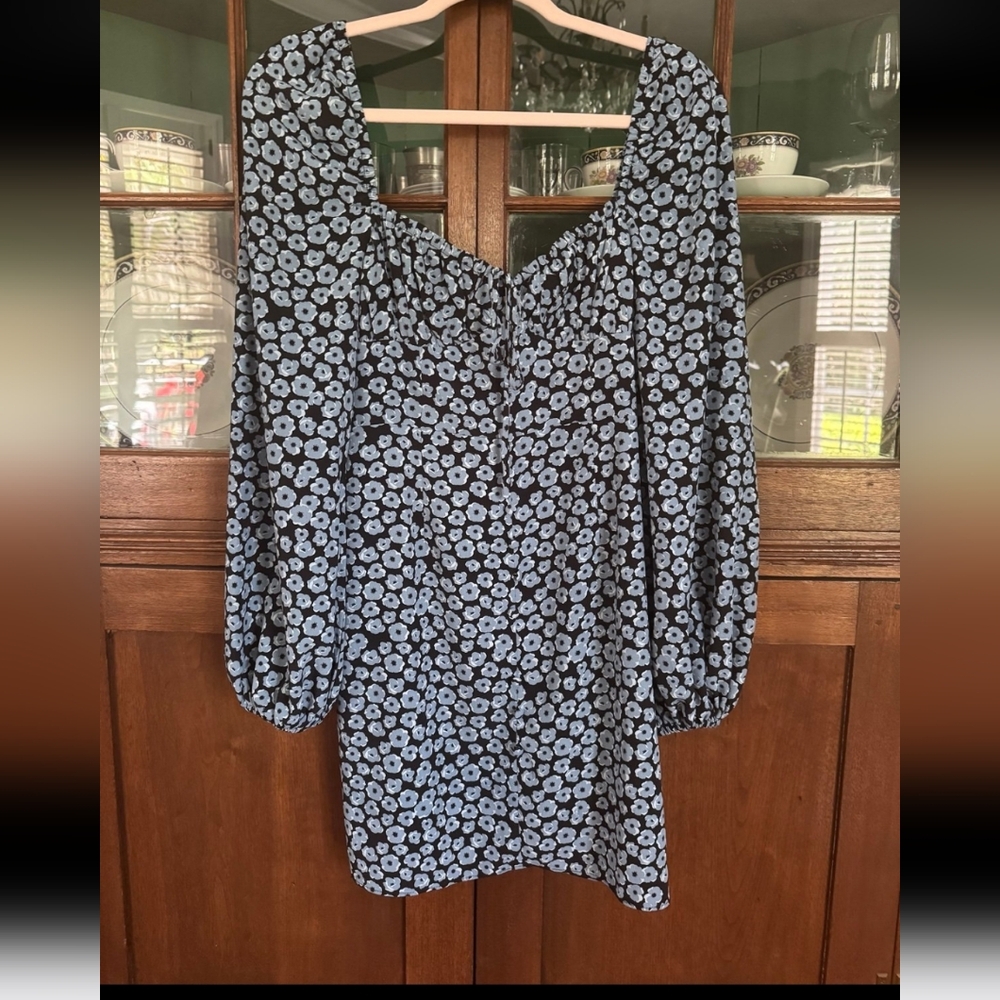 Revolve Glamorous Dress blue balloon sleeve cocktail dress ditsy floral, xs